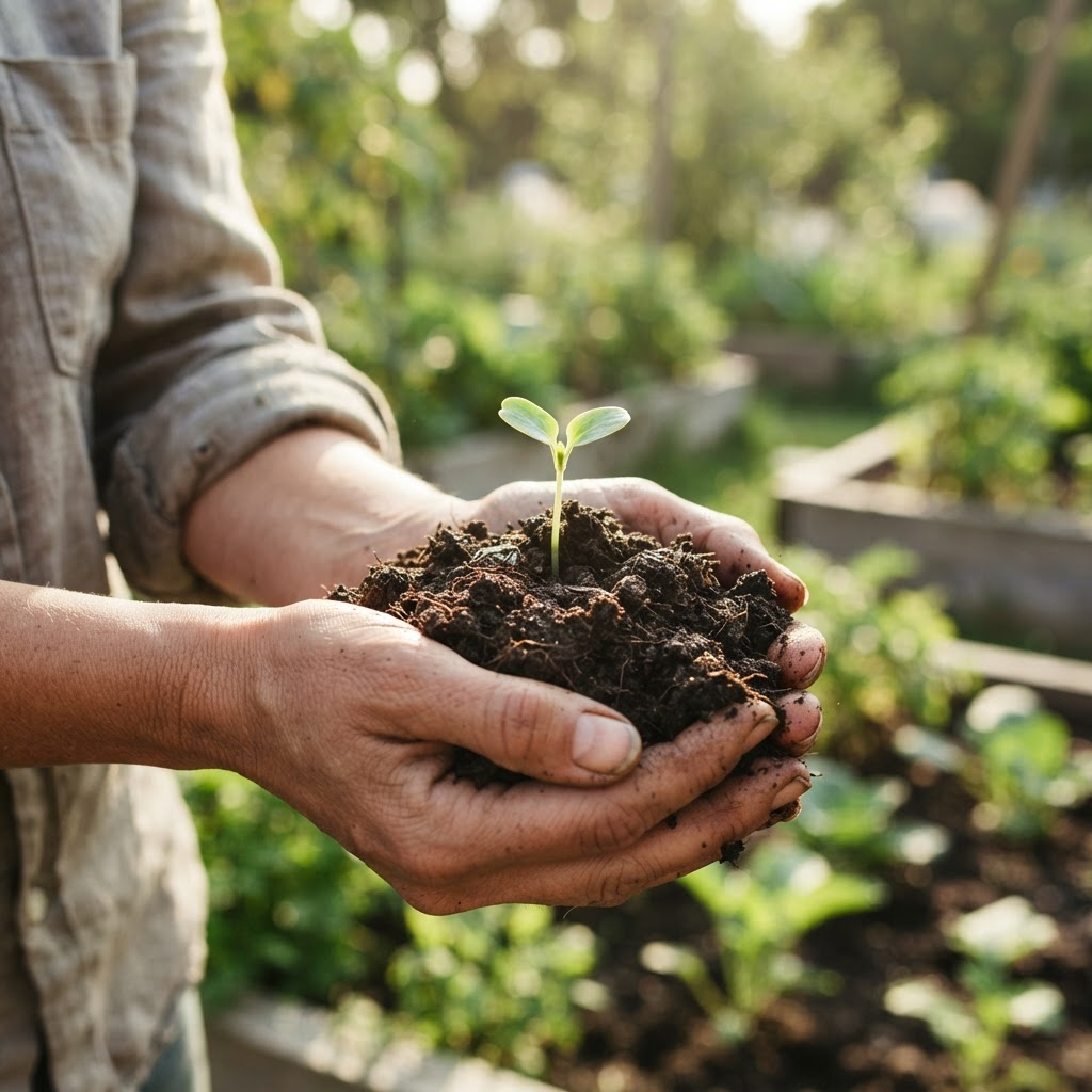 Hands holding healthy soil with a young green seedling