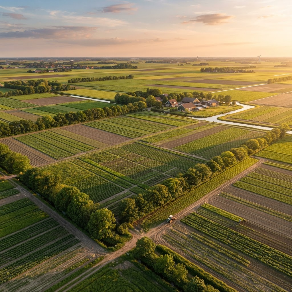 Aerial view of green organic farmland in the Netherlands